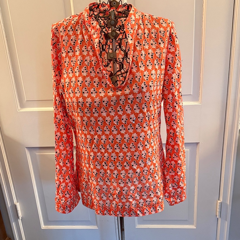 Tory Burch Orange, Navy & White Floral Printed Sequin Lightweight Tunic Top.